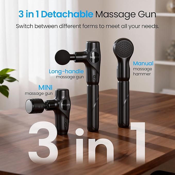 NAPRE 3-in-1 Mini Massage Gun with Heat and ColdDeep Tissue Back Massage with Detachable Handle for Neck/Body Pain ReliefPortable Handheld Percussion Muscle MassagerSmall &amp Quiet5 Headswith C