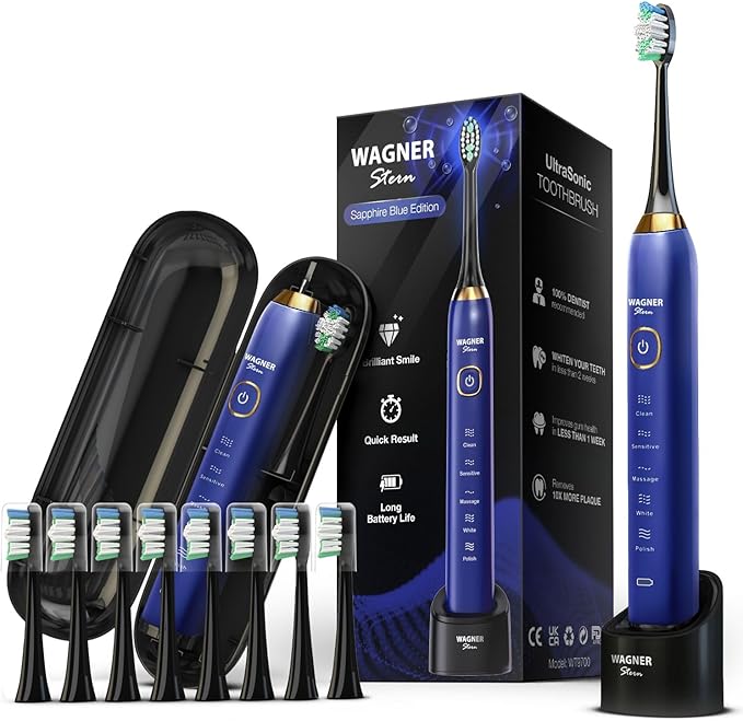 Wagner Stern The Sapphire Blue Edition ultrasonic whitening Electric Toothbrush Features Five Brushing Modes Eight Soft Brush Heads and a Premium Travel case.