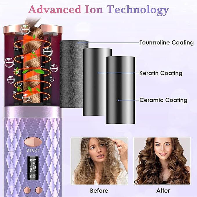 Automatic Curling Iron Wireless Auto Rotat Ceramic Hair Curler Cordless Automatic Hair Curler with LCD Display 6 Temps and Timers USB Charging Auto Shut-Off Create Stunning Curls