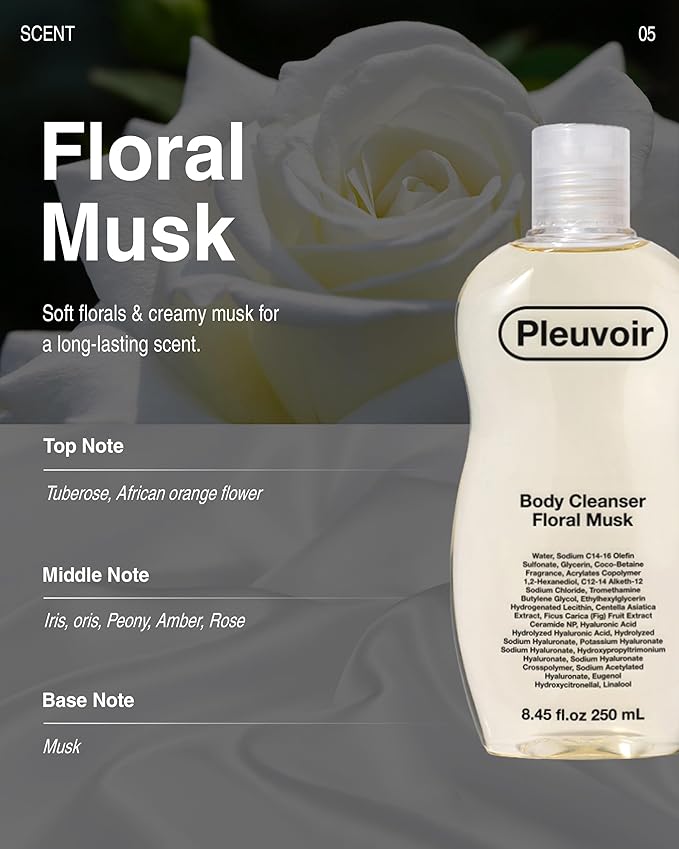Pleuvoir Luxury Perfume Body Wash Floral Musk - French MANE Fragrance (Tuberose Iris &amp Musk) -Rich Moisturizing Foam with 8 Types Hyaluronic Acid Ceramides Shower Gel for Dry Skin 8.45 fl.oz