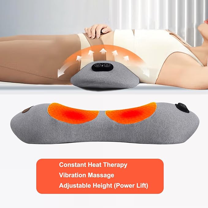 3 in 1 Back Massager Electric Lumbar Support Pillow Heat Vibration Massage Lower Back Spine Decompression Device Light Gray