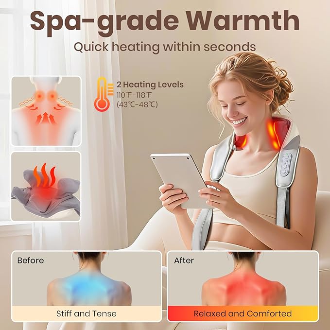 Neck and Shoulder Massager 6D Neck Massager for Pain Relief Deep Tissue Brushless Neck Massager with Heat 10 Mins Auto-Off 2 Modes &amp 3 Speeds Ideal Gift for Friends Family Lover