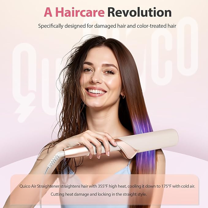 Upgraded Hair Air Straightener Quico Dual Voltage High-Speed Airflow 2 in 1 Straightener and Curler Travel Airstraight 5 Temps Ionic Care Flat Iron Hair Straightener 100-240V No Heat Damage Pink
