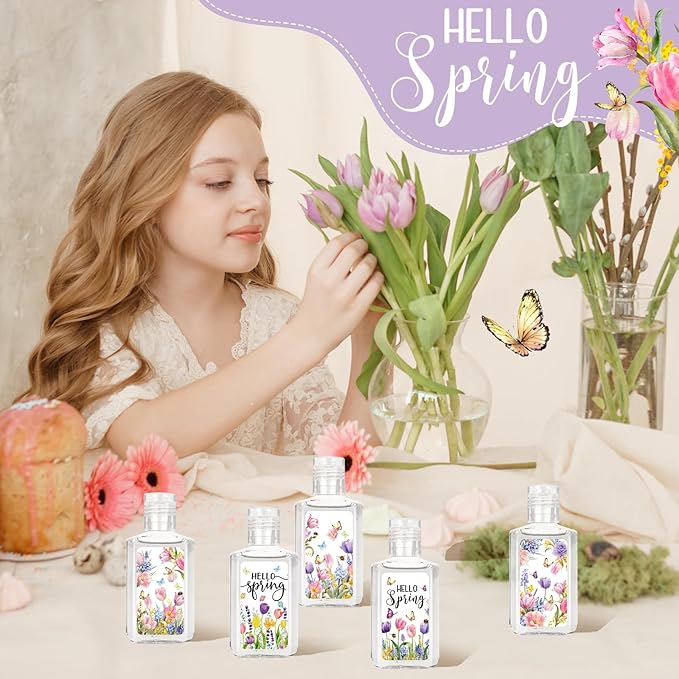 50 Pcs Hello Spring Mini Hand Sanitizers Bulk 1fl oz Travel Size Portable Tulip Flower Scented Hand Soap Gifts Small Spring Hand Sanitizer for Nurse Coworker Teacher Office Gifts