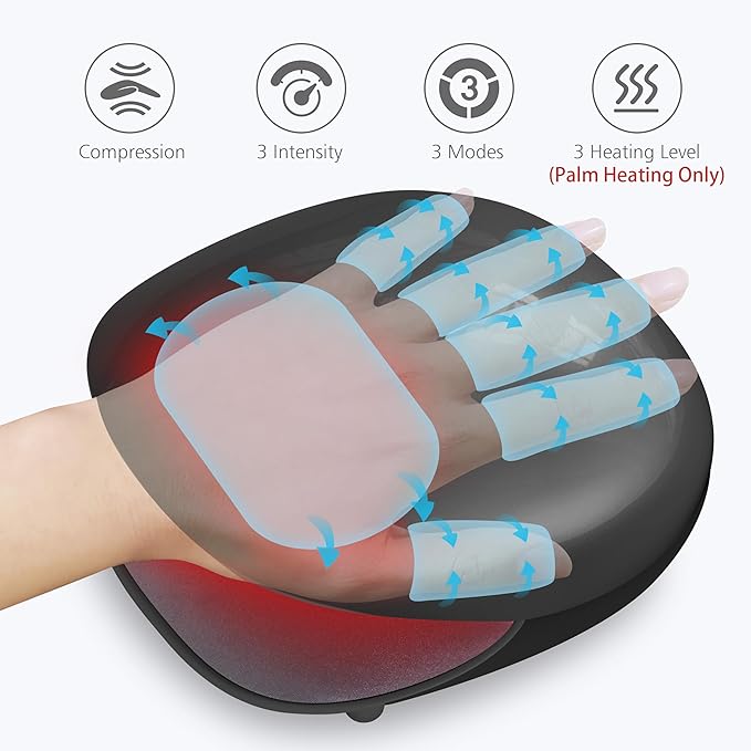 COMFIER Wireless Hand Massager with Heat -3 Levels Compression &amp HeatingRechargeable Hand Massager Machine for Carpal TunnelIdeal Gifts for Women (Black)