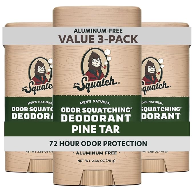 Dr. Squatch Natural Men’s Deodorant – Aluminum Free Natural Deodorant Men with Charcoal &amp Postbiotics for 72-Hour Odor Protection – Pine Tar 2.65oz Stick (3-Pack)