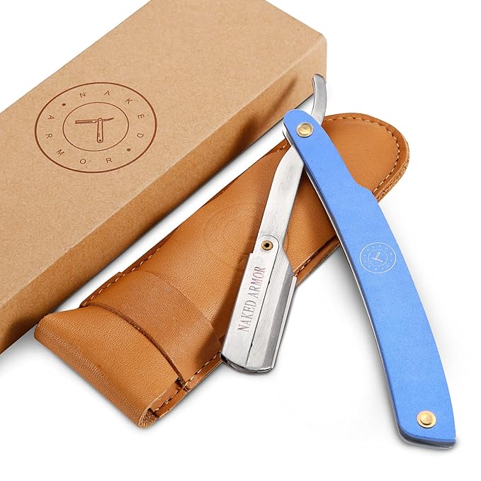 Best Shavette Straight Razor - Replaceable Blade Straight Razor Metal Handle Shavette No Stropping or Honing Needed Great For Beginners Starter Blade Hygienic Close Shave Leather Case (Blue)