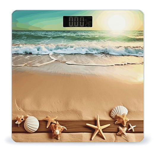 Ocean Beach Theme Weight ScaleClear LED Display Bathroom Digital Weighing ScaleTempered Glass Digital Bathroom Scale for Body Weight Capacity Up to 400 Lbs