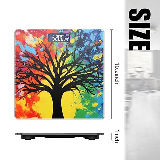 Digital Scale for Body Weight Highly Precision Bathroom Weight Scale 400 lbs with Backlit Display Personalized Scale for Home-Black Tree Silhouette Against Vibrant Rainbow Background