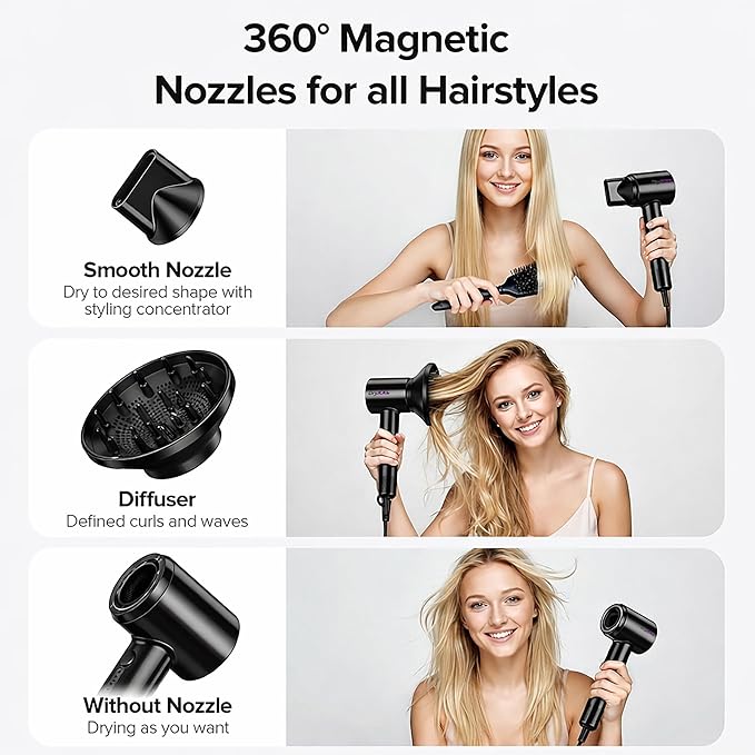 Hair Dryer Professional Ionic Hair Dryer 1600W Ultra-Fast Drying 500 Million Negative Ions Low Noise 160000 RPM Compact Blow Dryer with Magnetic Diffuser (Night Black)