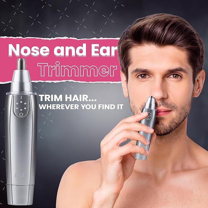 Ear and Nose Hair Trimmer for Men &amp Women (Silver) – Battery Operated Precision Trimmer for Unwanted Hair – Washable Detailer Trimmer w/ Detachable Blade &amp Flat Base – Portable Grooming Tools