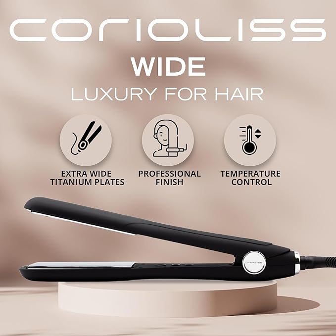 Corioliss Hair Straightener for Women Professional Extra Wide Titanium Plates Flat Iron UK Plug Black Soft Touch