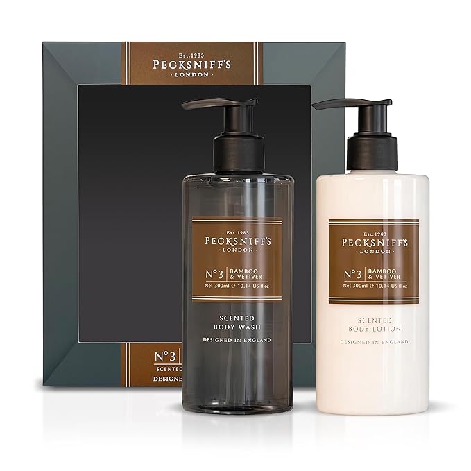 Pecksniffs Mens Bathing Duo Collection – Bamboo &amp Vetiver Scented Body Wash and Body Lotion Gift Set 2 x 250ml