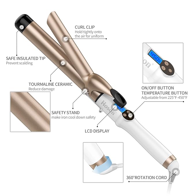 Hoson 1 1/4 Inch Curling Iron Dual Voltage Ceramic Long Barrel 1.25 Inch Hair Curling Iron for Long Hair LCD Display with 9 Heat Setting(225°F-450°F for All Hair Types Glove Include)