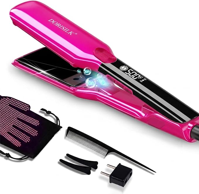 DORISILK 500 Degree High Temp Professional Hair Straightenr  Ceramic 1.75 Inch Wide Flat Iron 2 in 1 Hair Straightener and CurlerPlasma Hair Straightener Get Frizz-Free and Shiny (Hot Pink)
