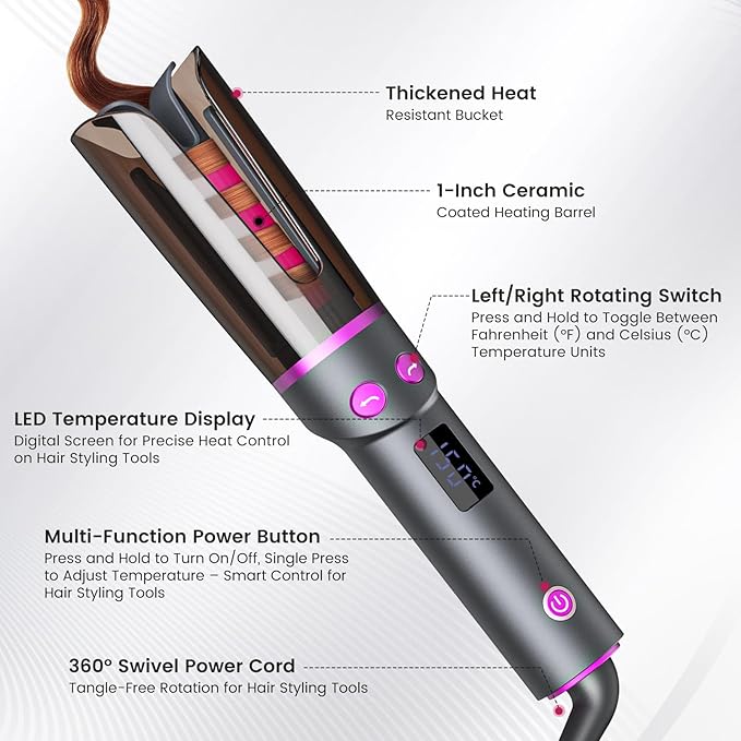 Negative Ion Automatic Rotating Curling Iron – Smart Tangle-Free Dual Voltage Anti-Scald Portable Ceramic-Coated Auto Hair Curler for Travel &amp Home Use（1inch