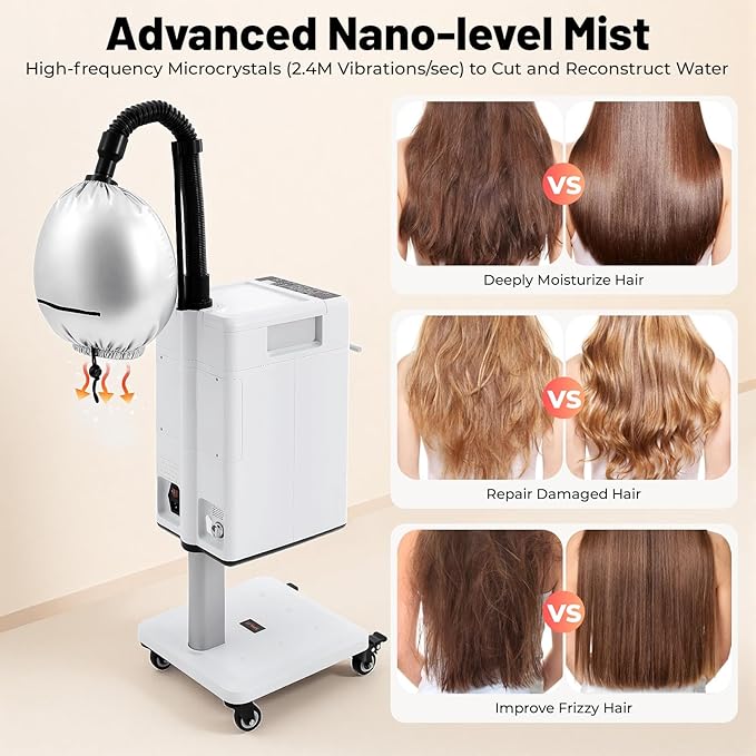 500W Electric Nano Hair Steamer Machine Vertical Anion Hair Color Processor with 2 Steamed Hats &amp 4 Wheels Multifunctional Anion Mist Hair Dyeing Machine Stand Up Base Salon Spa Equipment