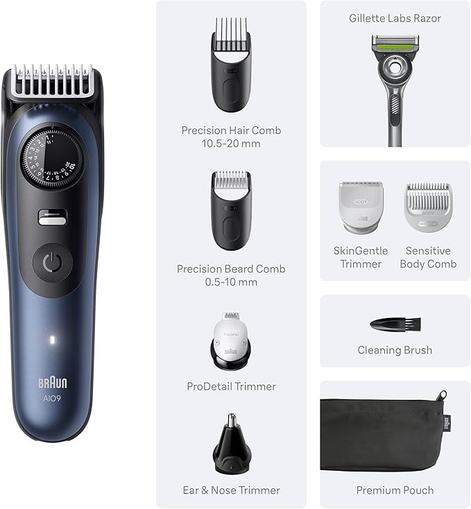 Braun Series 9 All-in-One Beard &amp Body Grooming Kit for Men Cordless Trimmer Hair Clippers &amp Shaver for Face Hair &amp Body with Gillette Labs Razor AIO 9530