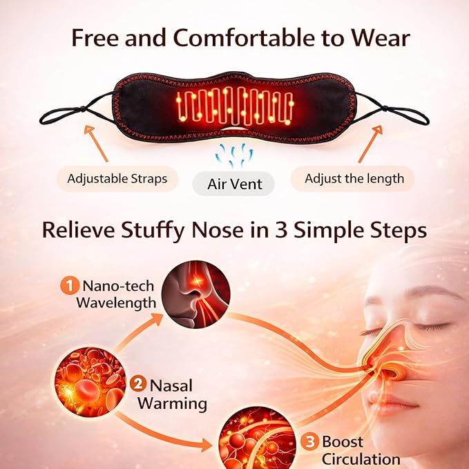 Red Light Therapy for Nose 3 Levels Adjustable Nasal Heating Mask for Relieve Nasal Congestion Sinus Relief No More Colds with Safe and Breathing ComfortSoft Storage Package