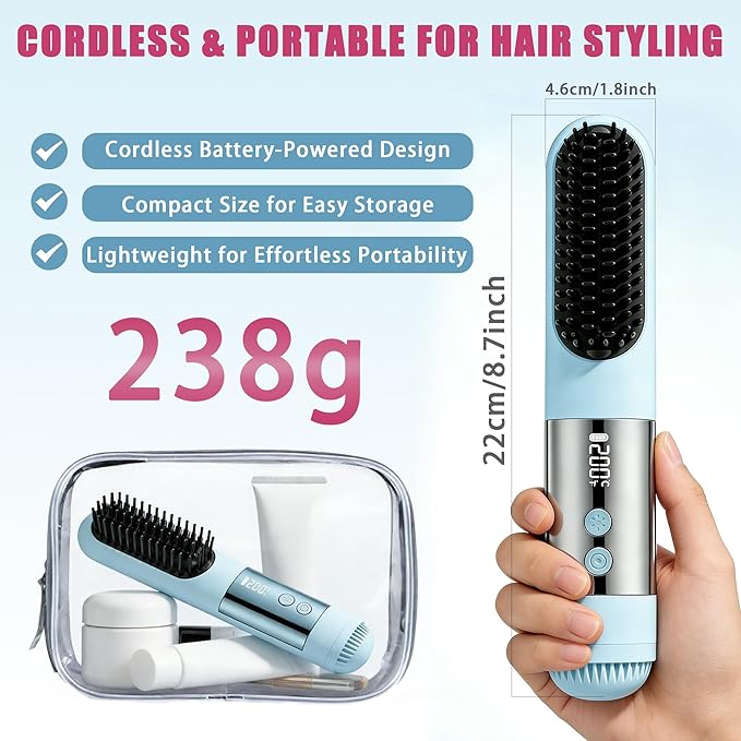 Cordless Hair Straightener Brush-Portable Mini Straightening Comb Rechargeable Battery Powered for Travel - Cool curl Airflow Styler- 30s Fast Heating -LCD Display