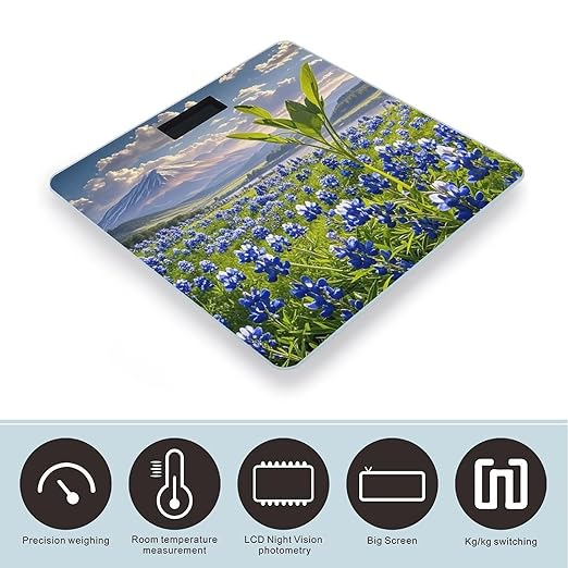 Bluebonnets Scenery Bathroom Scale Automatic Power On/Off Body Scales LCD Backlight Display Square Digital Scale Rounded Corners Bathroom Scales for Home Bedrooms