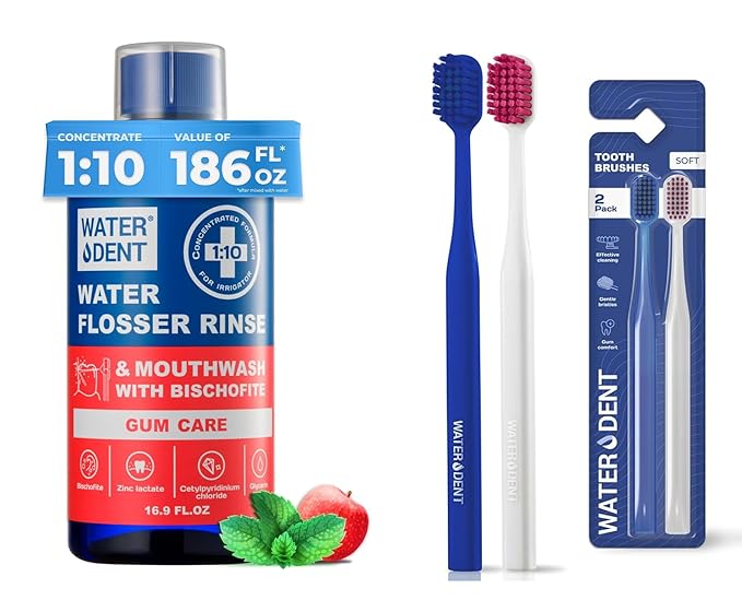 Medium Soft 2-Pack Toothbrush &amp Concentrated Water flosser Rinse &amp Mouthwash Gum Care Alcohol and Fluoride Free. Made in USA