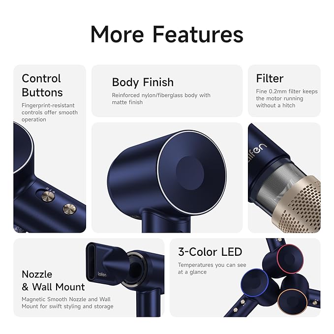 Laifen Premium High-Speed Hair Dryer Royal Blue Gift Box Professional Ionic Portable Blow Dryer with 110000 RPM Lightweight Low Noise 360° Magnetic Styling Attachment Wall Mount Gift Bag HD502