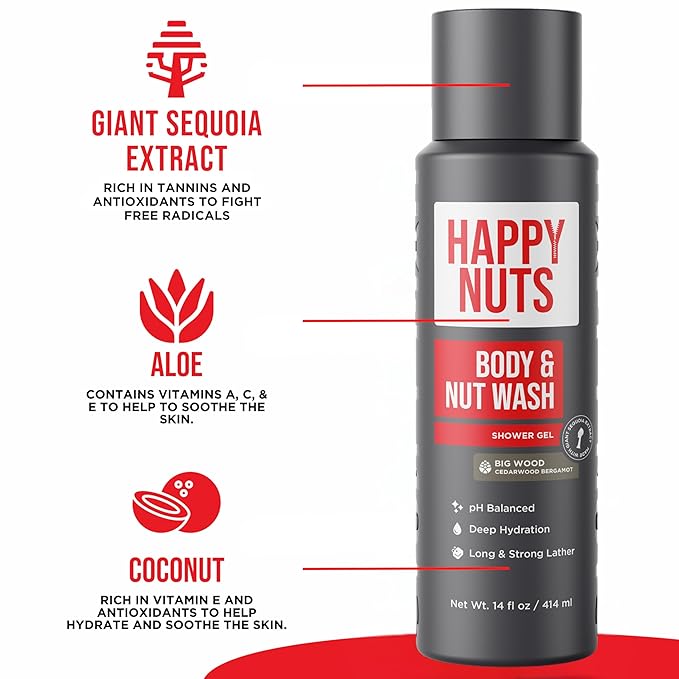 Happy Nuts Comfort Bundle - Comfort Cream Body Wash and Powder Spray - Anti-Chafing Sweat Defense and Men's Shower Body Wash