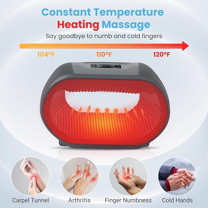 JQX Hand Massager with Heat and Compression Cordless Electric Hand Massager 3 Levels Pressure for Finger Gifts for Women Men(Grey)