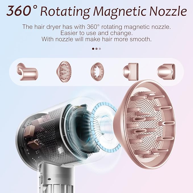 Brushless Powerful Hair Dryer 1600W 110000 RPM Fast Drying High Speed Blow Dryer with Negative Ion Technology Portable Lightweight with Diffuser and Nozzle for Home Salon Travel Pink