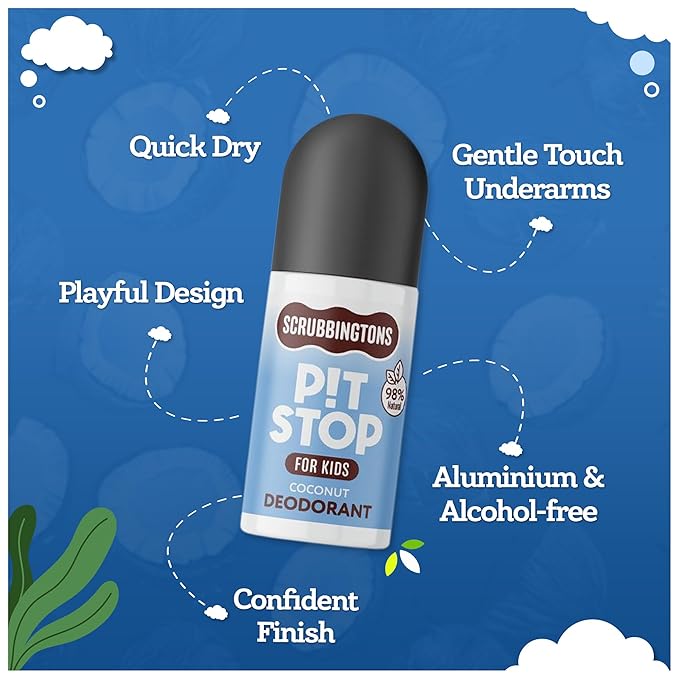 Scrubbingtons Pit Stop Kid’s Deodorant Children’s Roll-On Deodorant with Gentle Formulation Aluminium and Alcohol Free Coconut Scent – 75ml Quad Pack
