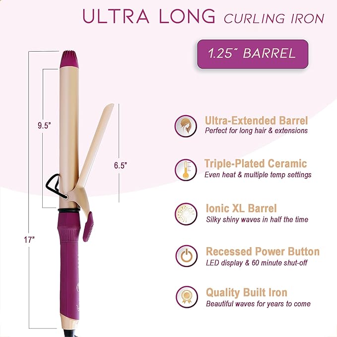Mr Big Curling Iron Goddess XL Curling Iron - 9.5 Barrel 1.25 Ceramic Triple-Plated Dual Voltage Multiple Heat Settings for All Hair Types Longest Lasting Beachy Waves Perfect for Travel