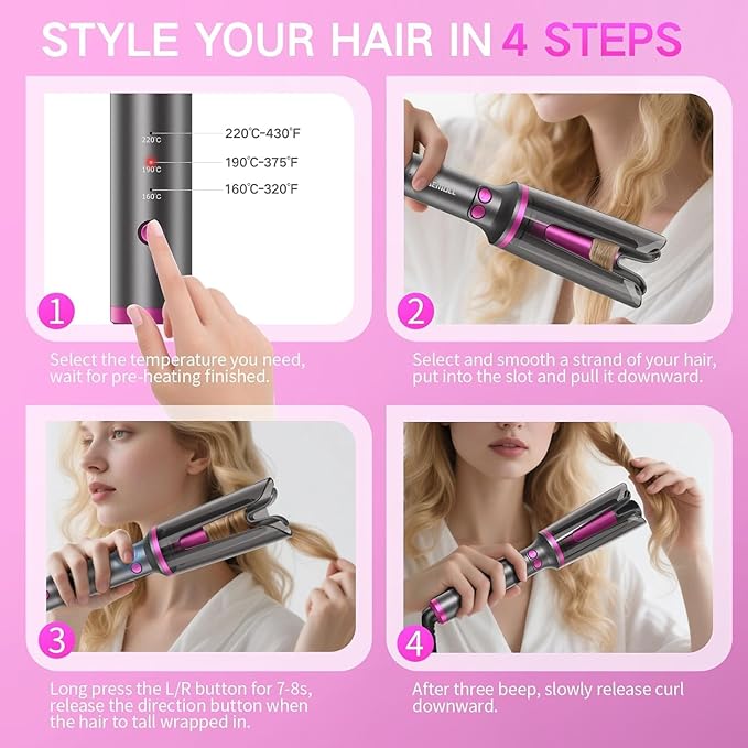 Automatic Rotating Curling Iron Beach Waves Curling Wand Portable Hair Curler 500 Million Ionic Dual Voltage &amp Lightweight for Travel Ceramic Coating 1 Inch Metallic Gray
