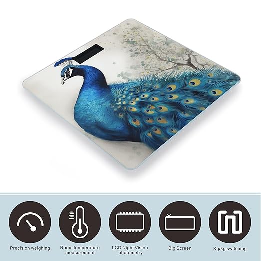 Blue Peacock Scale for Body Weight Safe Rounded Corners Tempered Glass Digital Bathroom Scale LED Display 400lb Capacity Weight Scales with High Precision Sensors