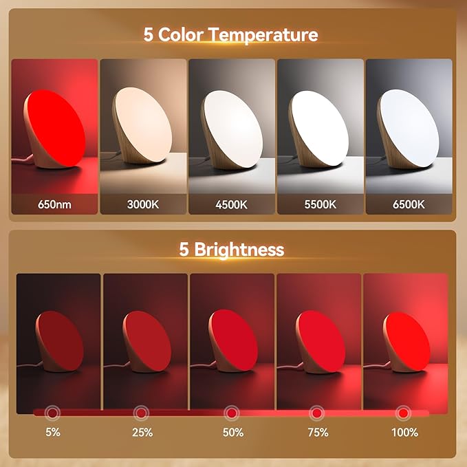 670nm Red Night Light Red Night Sleep Lamp for Bedroom Light Therapy Lamp with 10000 Lux Sun Light 5 Color Temperatures 5 Brightness Levels 4 Timer Settings Smart Touch &amp Remote Control