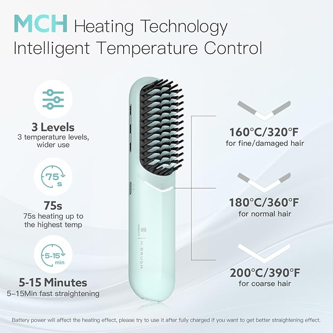 Cordless Hair Straightener Brush - Webeauty Portable On-The-Go Straightener for Women | USB Rechargeable Fast Heating 200M Negative Ions 6400mAh Perfect for Daily Commute &amp Short Trips (Ice Bl