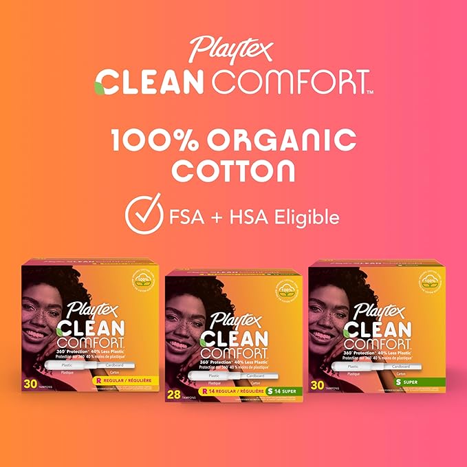 Playtex Clean Comfort Organic Cotton Tampons Super Absorbency Fragrance-Free Organic Cotton - 30ct