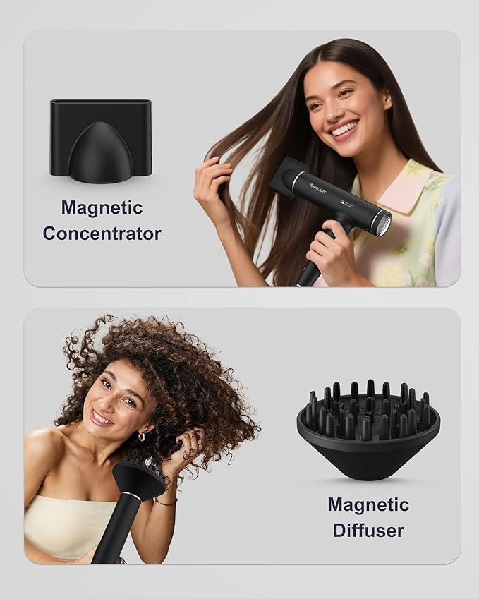 Annlary Hair Dryer Blow Dryer with Diffuser for Curly Hair | Plasma Ionic Hairdryer for Frizz Control | Low Noise | Foldable for Travel | 6.5Ft ALCI Cord | Magnetic Nozzle for Faster Drying
