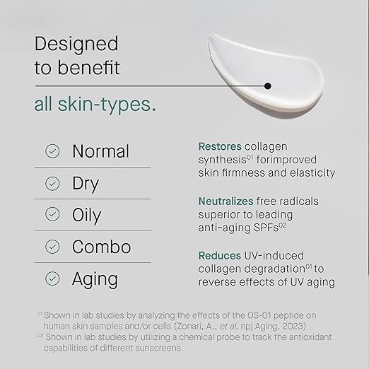 OneSkin FACE SPF OS-01 Peptide Broad Spectrum SPF 30+ Mineral Sunscreen- Scientifically Proven to Protect Skin from UV Aging Includes Potent Antioxidants For All Skin Types Including Sensitive Skin