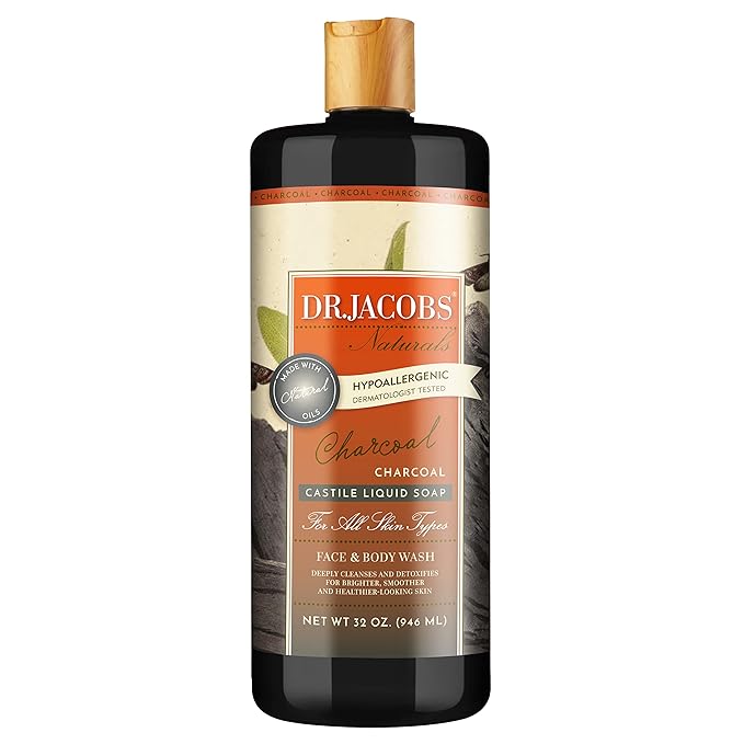 Dr. Jacobs Naturals Pure Castile Soap - All Natural Face And Body Wash - Hypoallergenic and Dermatologist Approved (Charcoal 32 Fl Oz (Pack of 1))