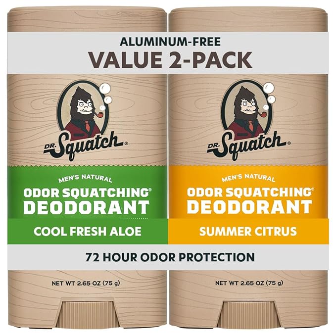 Dr. Squatch Natural Men’s Deodorant – Aluminum Free Natural Deodorant Men with Charcoal &amp Postbiotics for 72-Hour Odor Protection – Summer Citrus + Cool Fresh Aloe 2.65oz Stick (2-Pack)