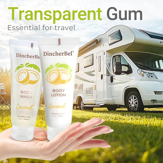 DincherBel Travel Size Body Wash and Body Lotion - Bulk Hotel Toiletries Supplies for Guests - Refreshing Tropical Coconut Scent Shower Gel and Body Cream for Men &amp Women (1 Fl Oz 100 Pack)