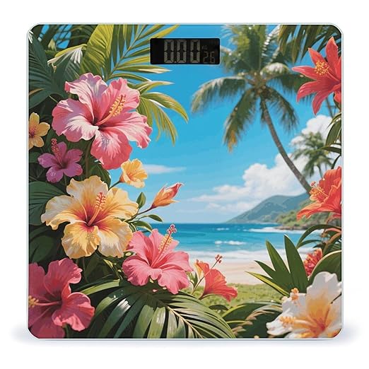 Hawaii Floral Tropic Weight Scale Cute Bathroom Scale for Body Highly Accurate Digital Weighing Machine for People Compact LCD Display Scales with Sturdy Toughened Glass Scales