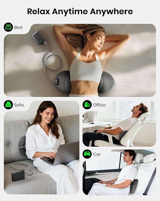 Upgraded 3-in-1 Portable Lumbar Pillow for Back Relief Smooth Spine Triple Fusion Back Massager with Stretch Vibration &amp Heat Includes 5000mAh Power Bank for Deep Relaxation on Bed Sofa &amp