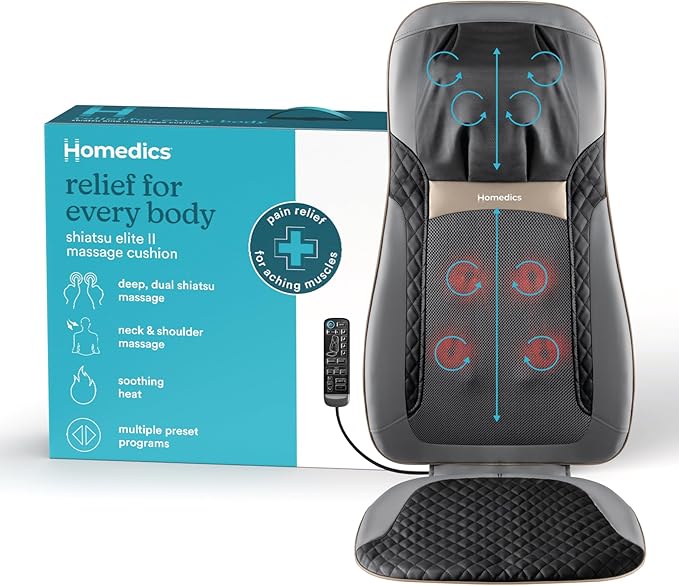 HoMedics Back Massager with Heat Shiatsu Elite II Heated Neck and Back Massage Cushion. 3 Different Massage Styles and 3 Massage Zones. Comes with Controller and Chair Straps