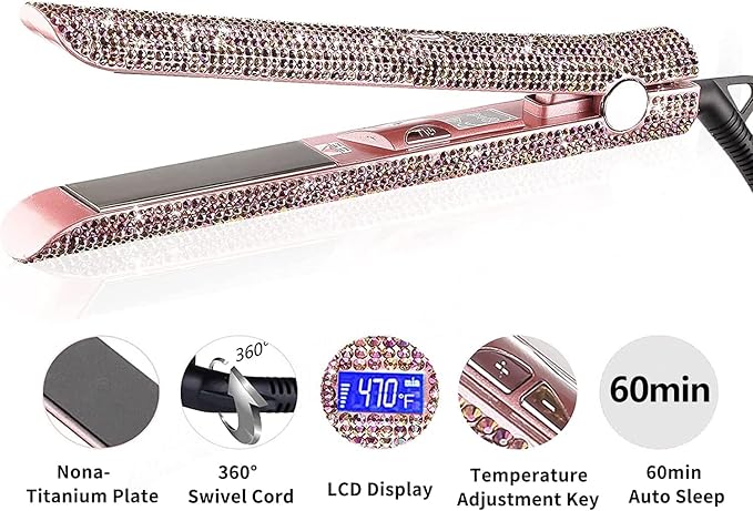 Hair Straightener Titanium Flat Iron with Gorgeous Rhinestone Bling Crystal Diamond 2 in 1 Hair Straightener and Curler 60 Min Auto Shut Off LCD Temp Display Range from 120°F to 470°F(Rose Pink)