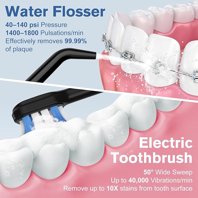 Leominor 3-in-1 Water Flosser &amp Electric Toothbrush Combo – Cordless Oral Irrigator with 235ml Large Tank5 Modes IPX7 WaterproofFreshening Stripsfor TeethGumsBracesHome &amp TravelBlack