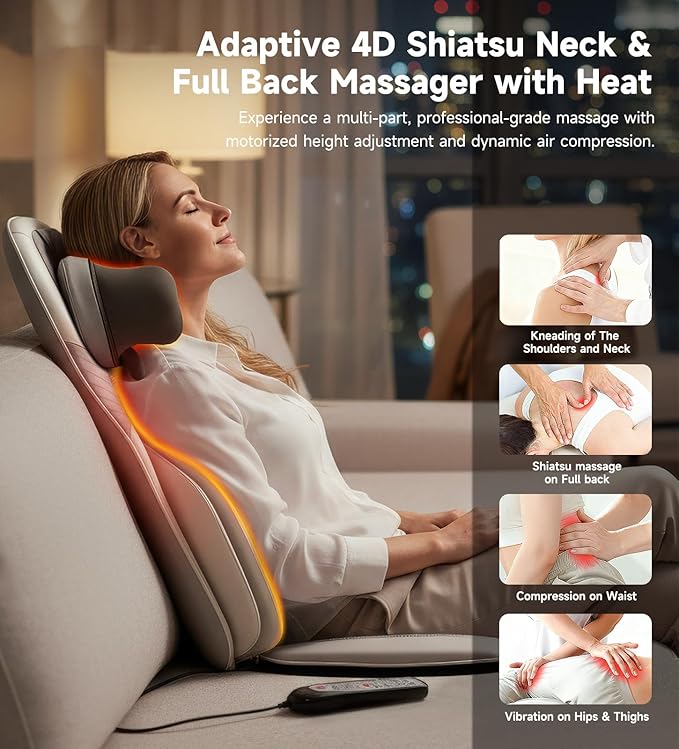 Elite Shiatsu Back &amp Neck Massage Chair Pad/Seat Cushion with Heat – 4D Kneading Vibration Compression Motorized Neck Height Lumbar Airbag Massage Premium Upholstery Deep Tissue Office Gra