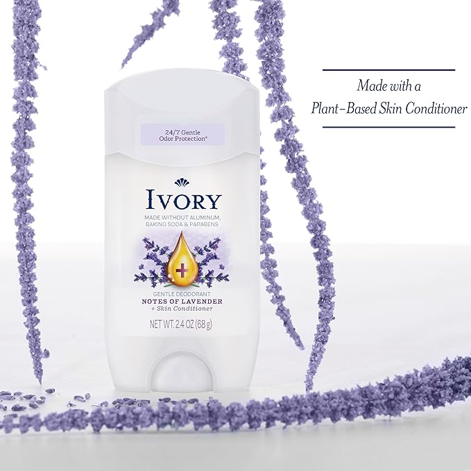 Ivory Aluminum Free Deodorant Hint of Lavender 24hr Gentle Deodorant Dermatologist Tested Baking Soda Free Paraben Free 2.4oz (Pack of 6)
