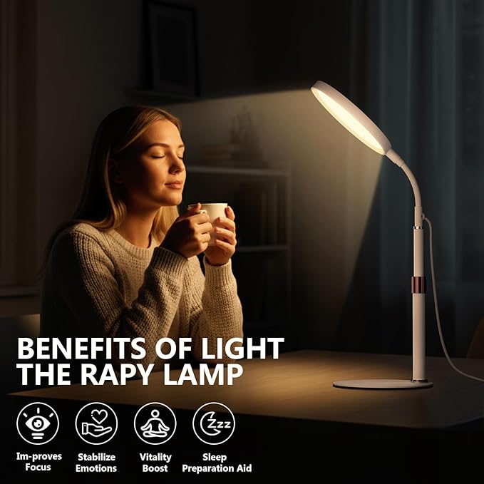 Light Therapy Lamp LED Sunlight Lamp 10000 Lux Full Spectrum Happy Therapy Desklamp with UV-Free3 Color Temperature &amp 9 Brightness Level &amp Timer for Home Office Decoration (White A)